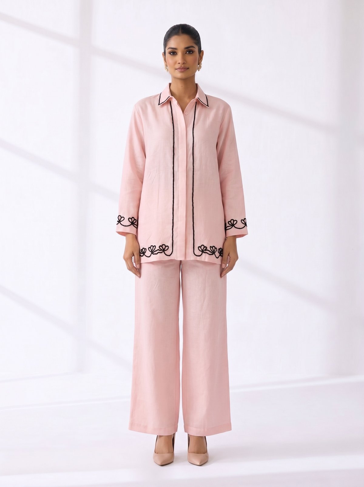Baby Pink Linen Shirt and Wide-Leg Pants Co-ord Set