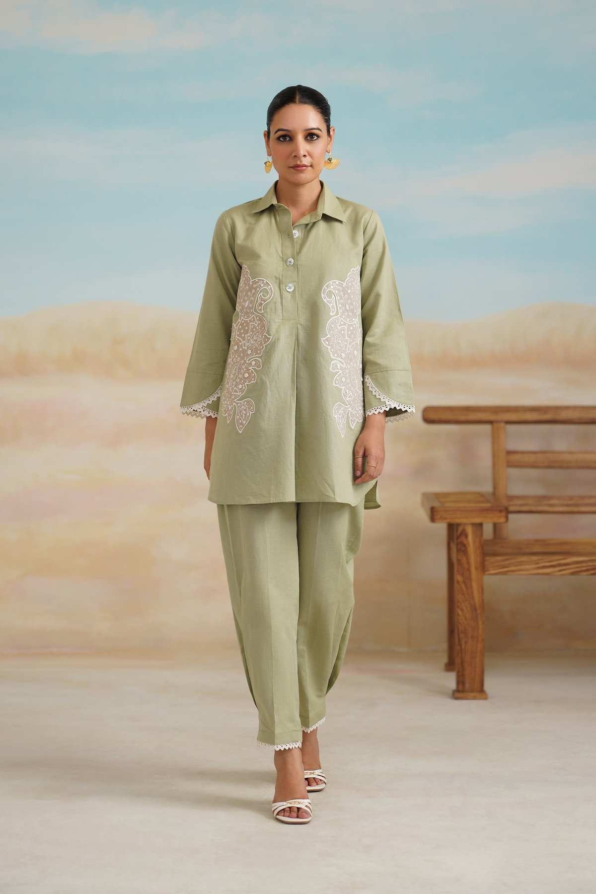 Mint Green Cotton Linen Embroidered Co-ord Set
