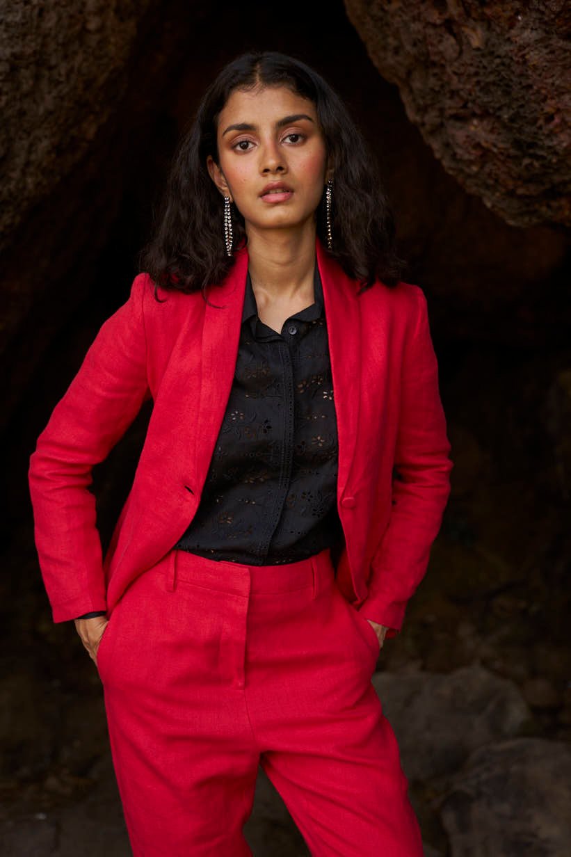 Red Linen Shawl Lapel Single-Button Tailored Blazer