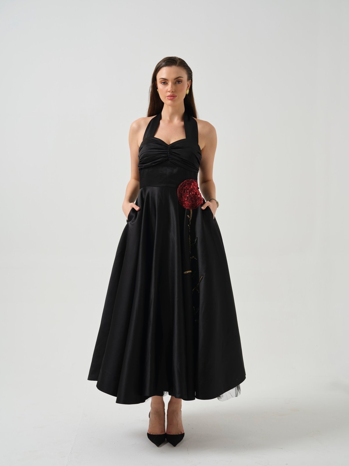 Black Halter Neck Fit and Flare Maxi Dress with Embroidery