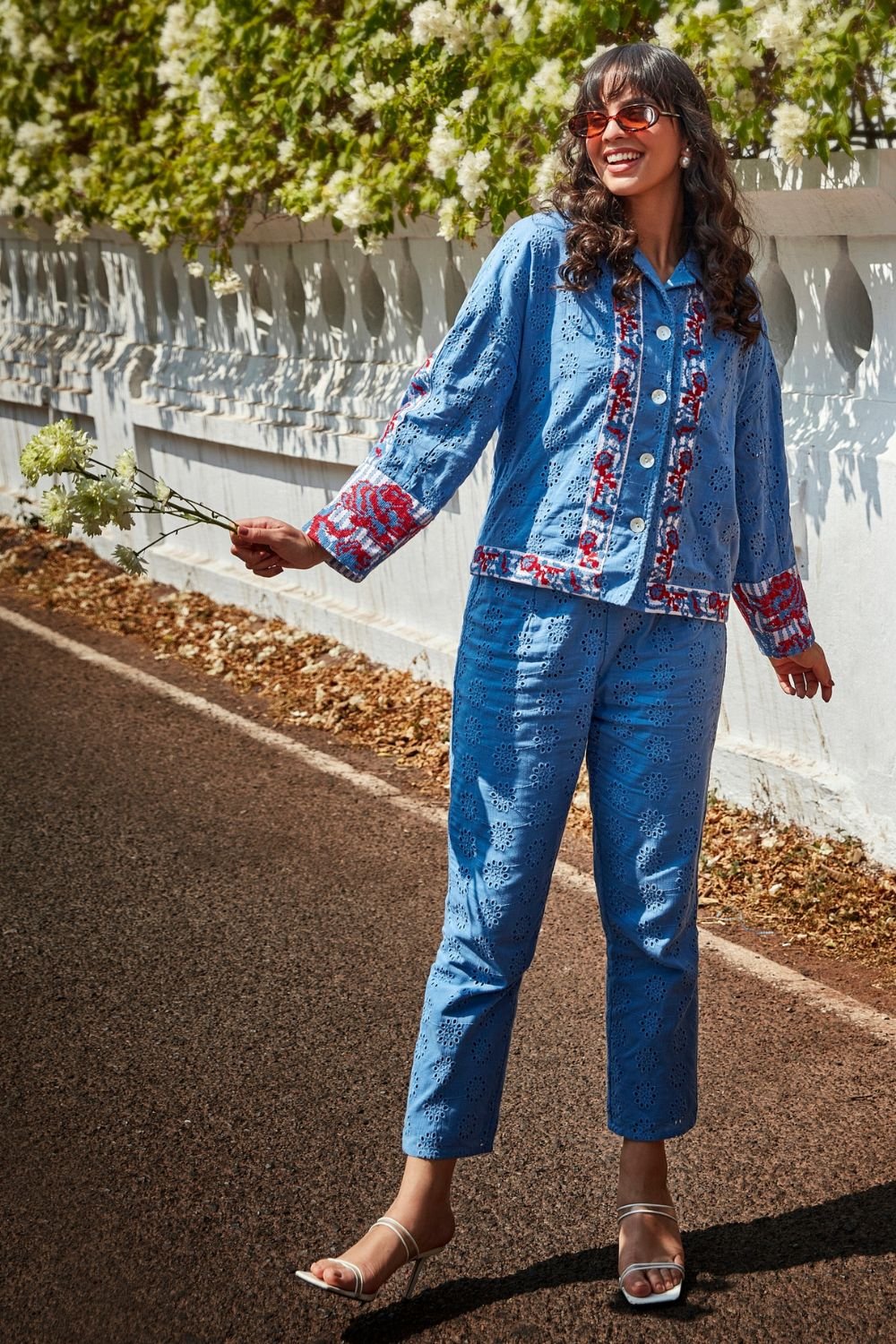 Cobalt Cotton Broderie Shirt and Trouser Co-ord Set