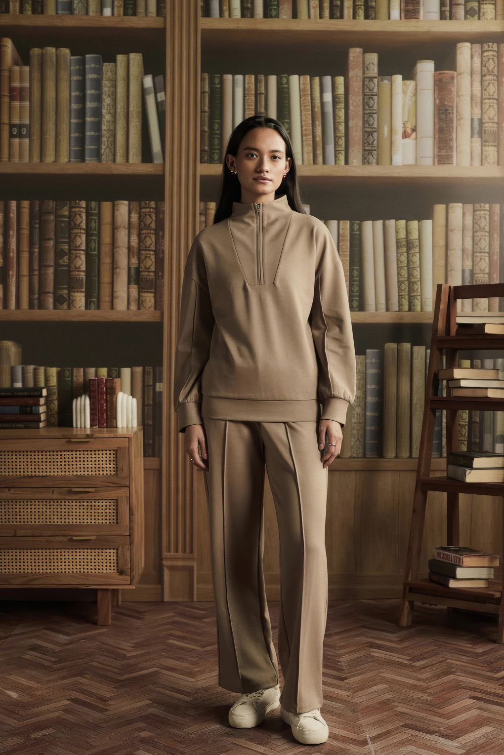 Beige Half-Zip Sweatshirt and Wide-Leg Co-ord Set