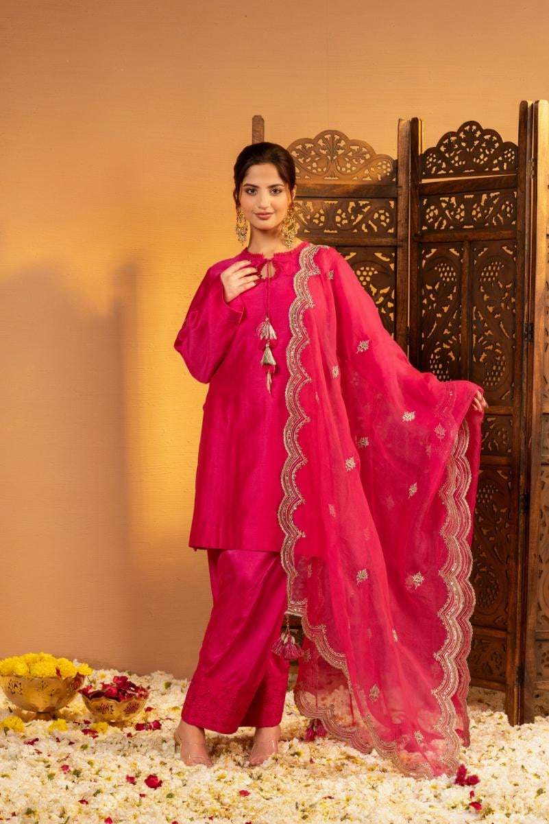 Hot Pink Chanderi Straight Kurta Set with Tie-Up Neck