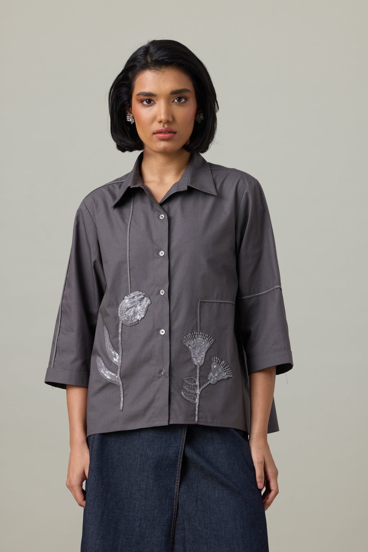 Granite Grey Cotton Poplin Appliqué Shirt