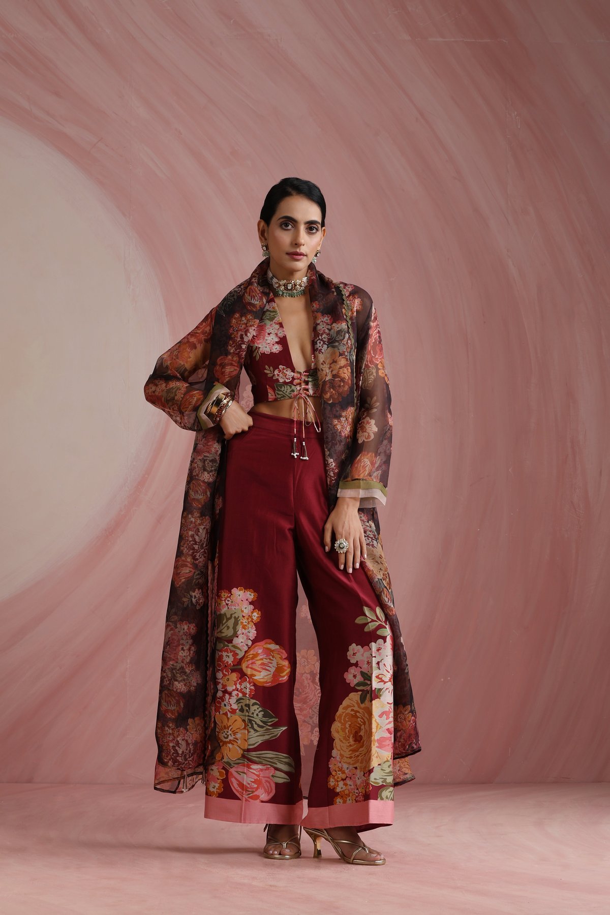 Burgundy Floral Overlay Co-ord Set with Wide-Leg Trousers