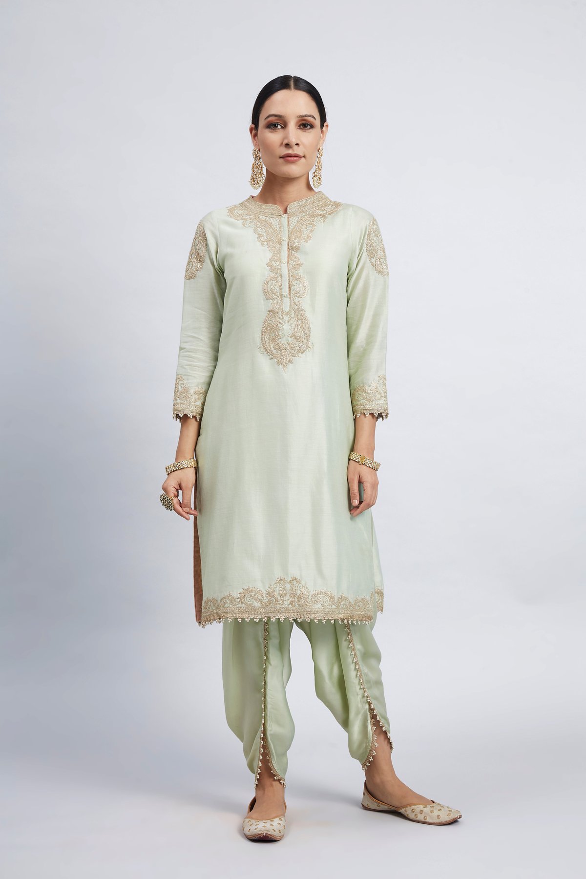 Aabisah- Mint Green Embroidered Kurta With Dhoti With Dupatta
