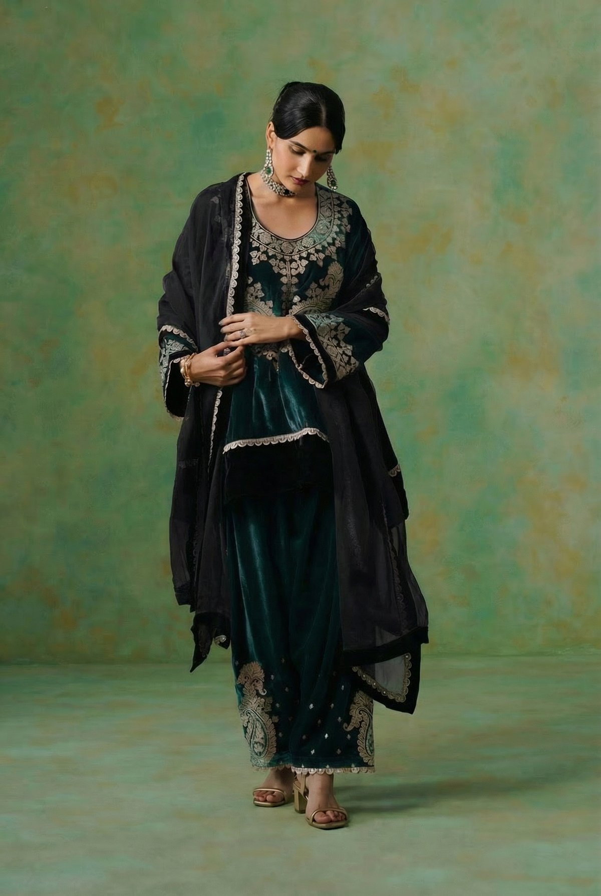 Teal Velvet Embroidered Suit Set with Black Dupatta