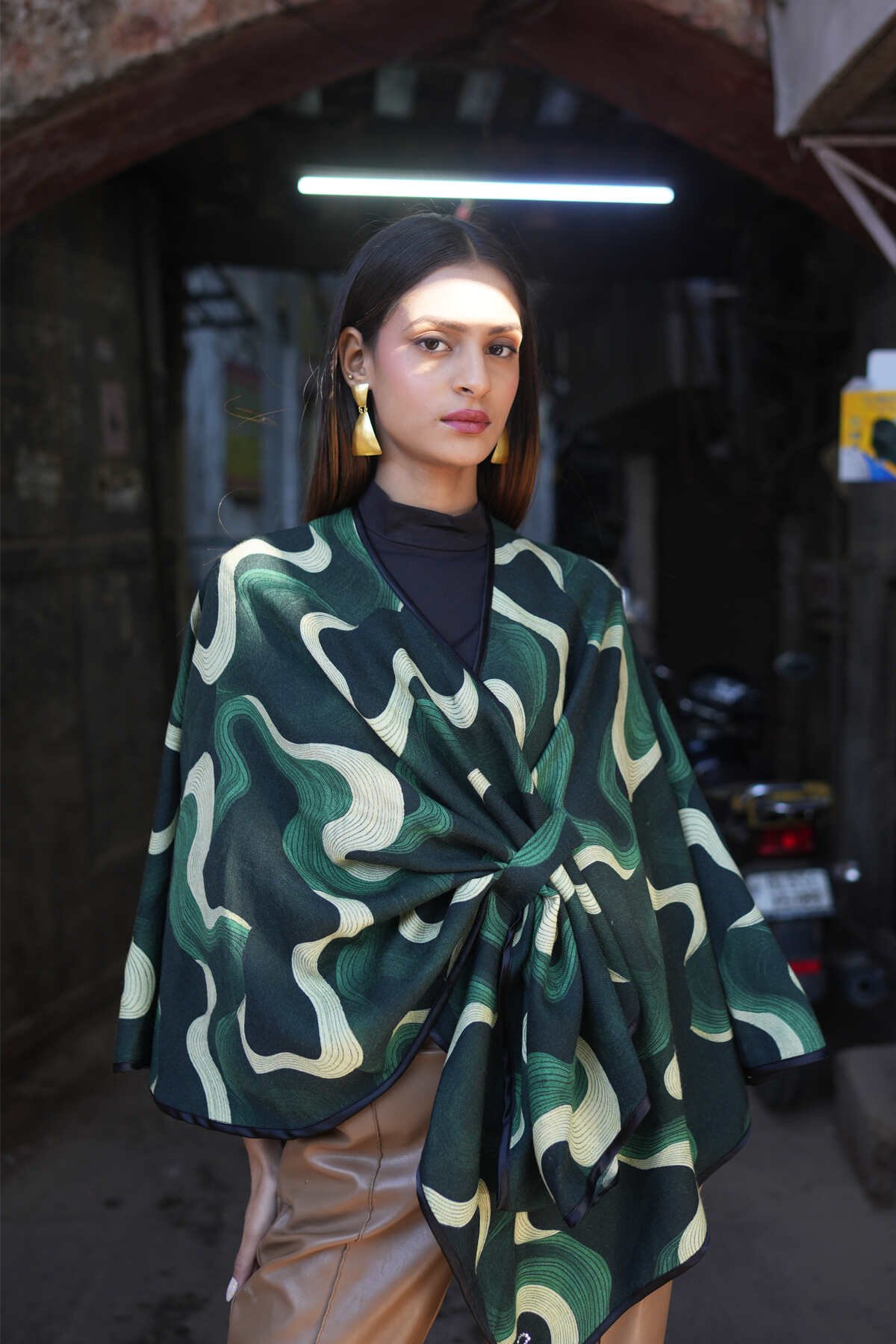 Marble Green Abstract Print Merino Wool Wrap Cape