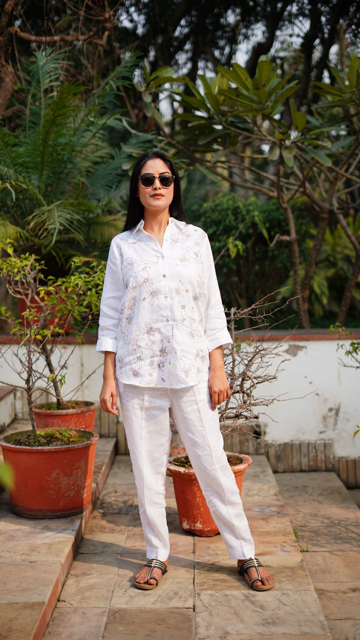 White Linen Longline Shirt with Scribble Embroidery