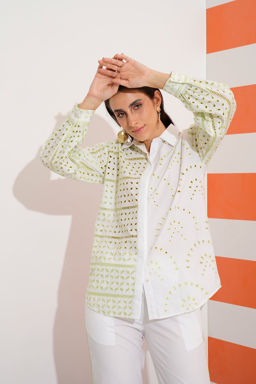 White Cotton Cutwork Embroidered Button-Down Shirt