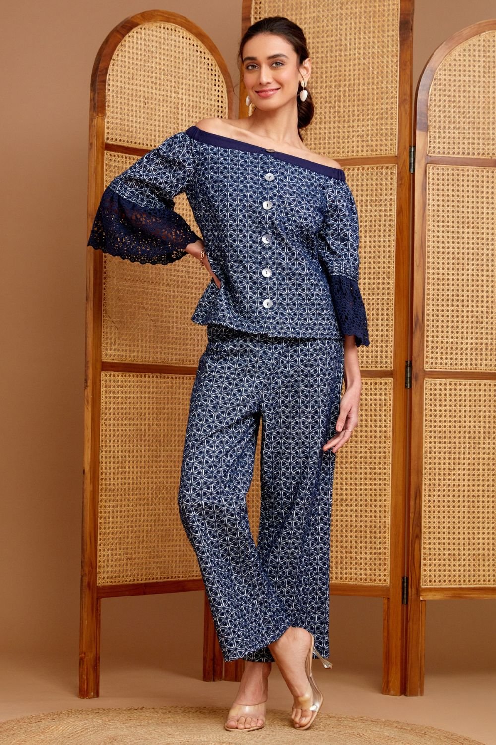 Navy Off-Shoulder Broderie Anglais Co-ord Set