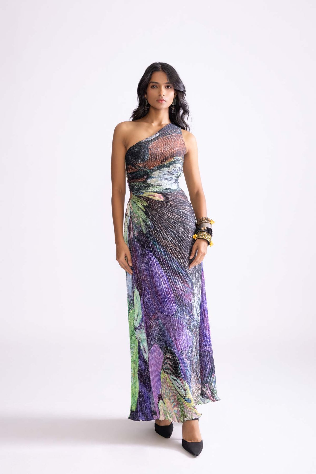 Multi One-Shoulder Micro-Pleated Satin Maxi Dress