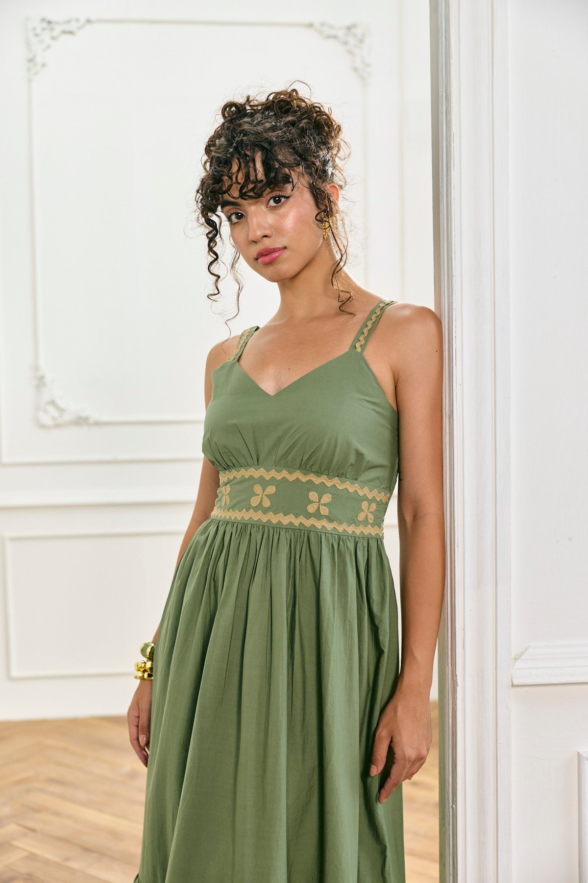 Green Cotton Poplin Applique Maxi Dress