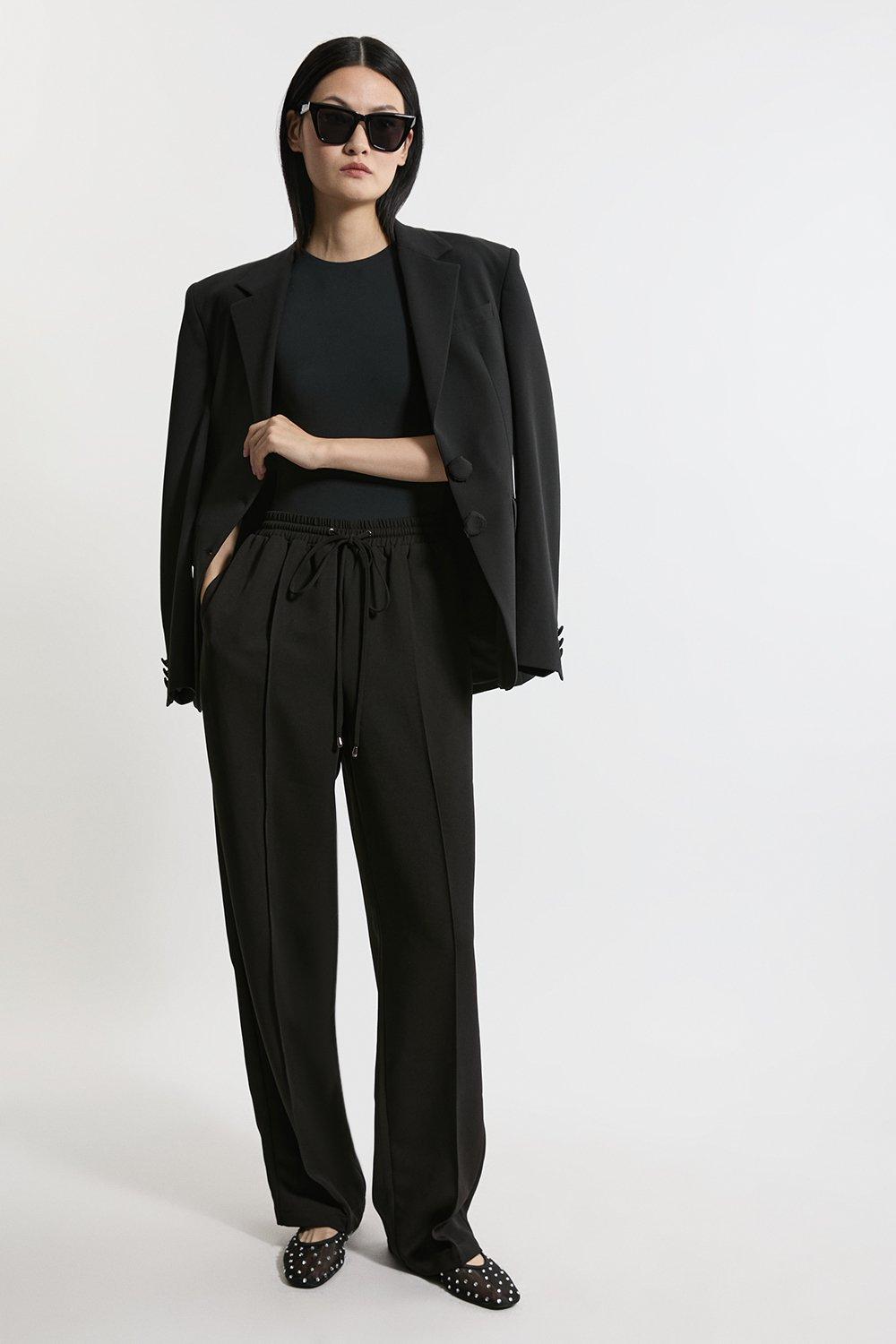 Black Twill Straight-Leg High-Waist Drawstring Trousers