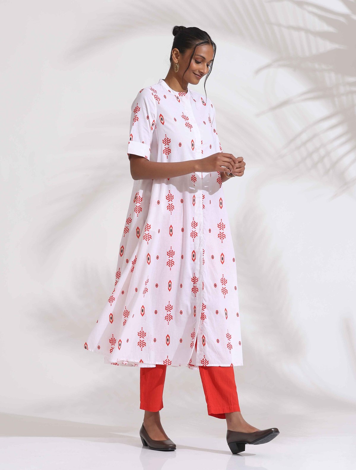White Cotton Printed Flared Kurta Set with Red Pants