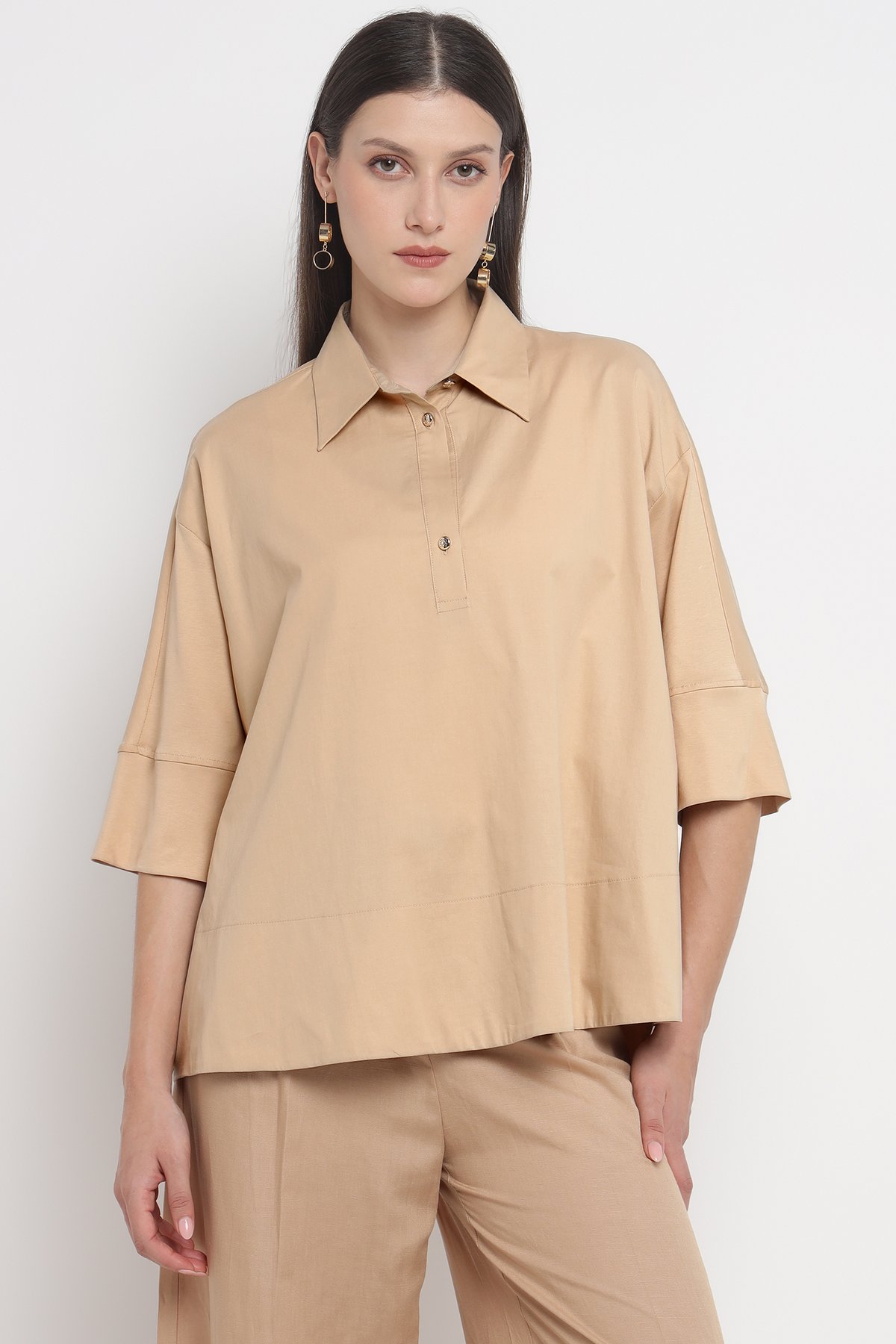 Sand Boxy Collared T-Shirt with Half Button Placket