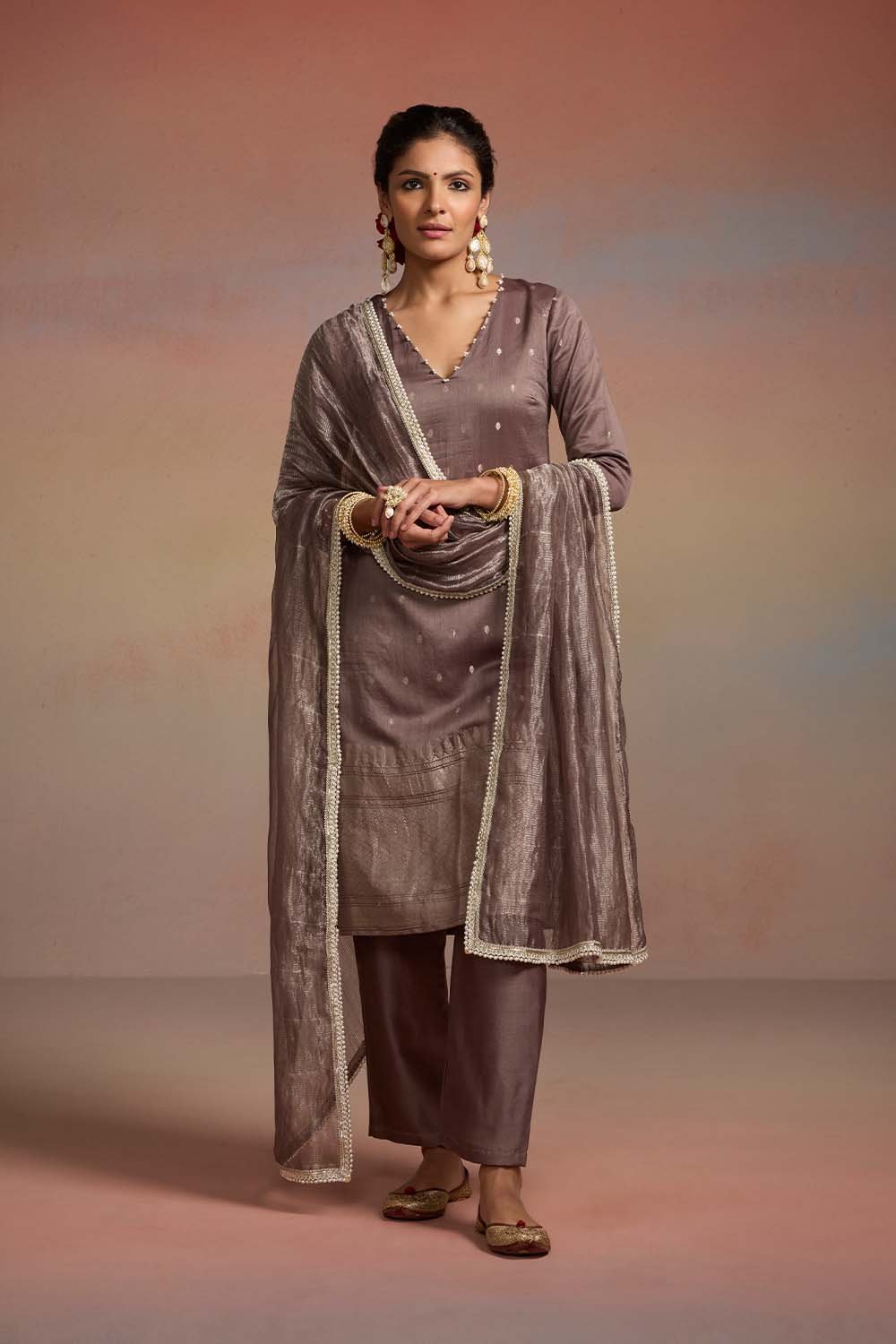 Metallic Gray Banarasi Brocade Straight Kurta Set