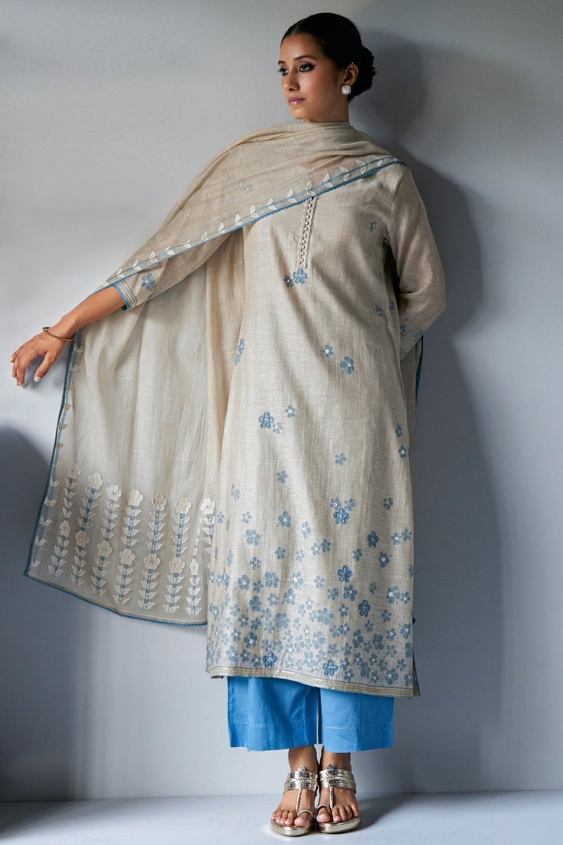 Beige and Light Blue Straight Kurta Suit Set with Dupatta