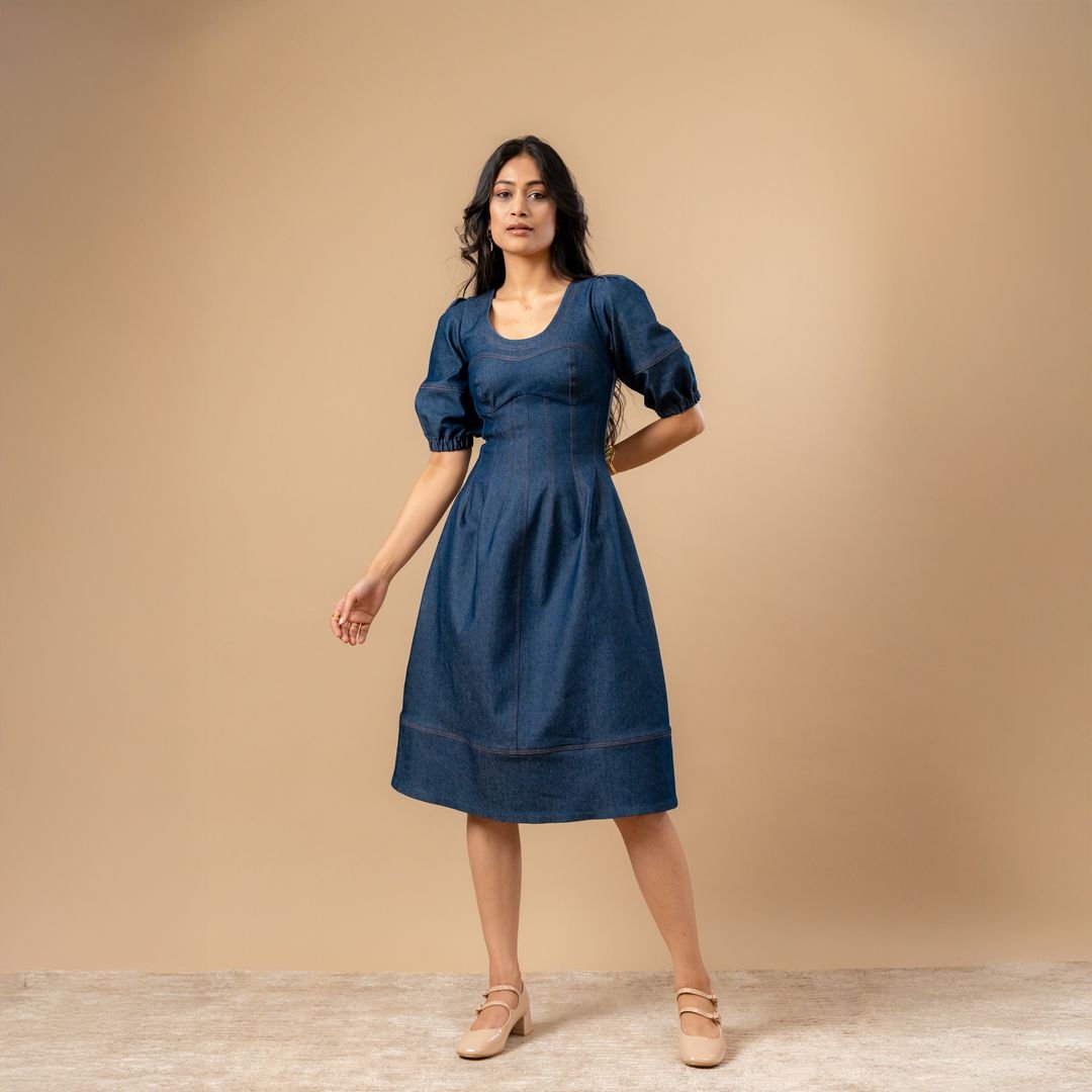 Blue Upcycled Denim Fit and Flare Midi Dress