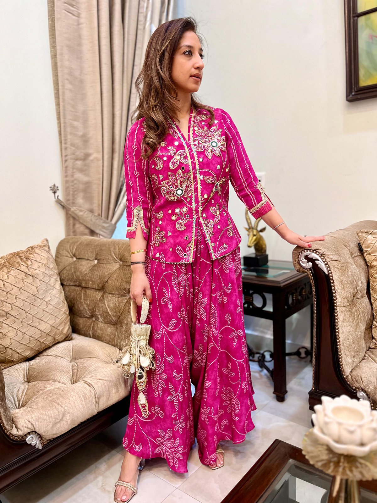 Pink Bandhani Print Embroidered Co-ord Set