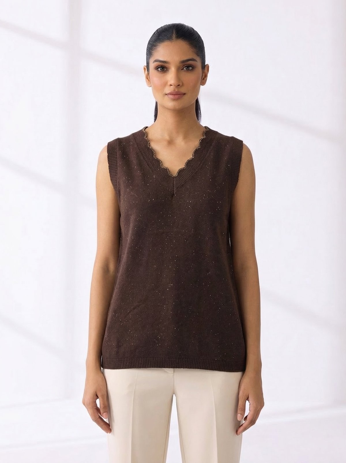 Brown V-Neck Sweater Vest with Scalloped Neckline