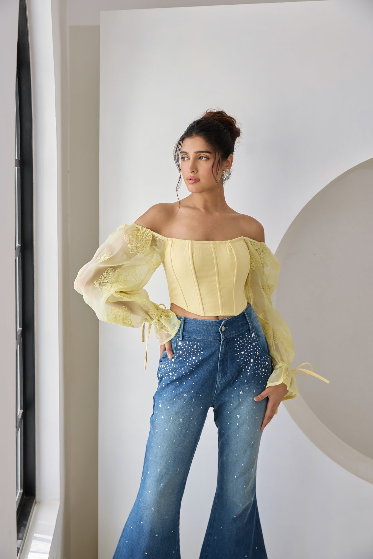 Yellow Off-Shoulder Corset Top with Embroidered Puff Sleeves