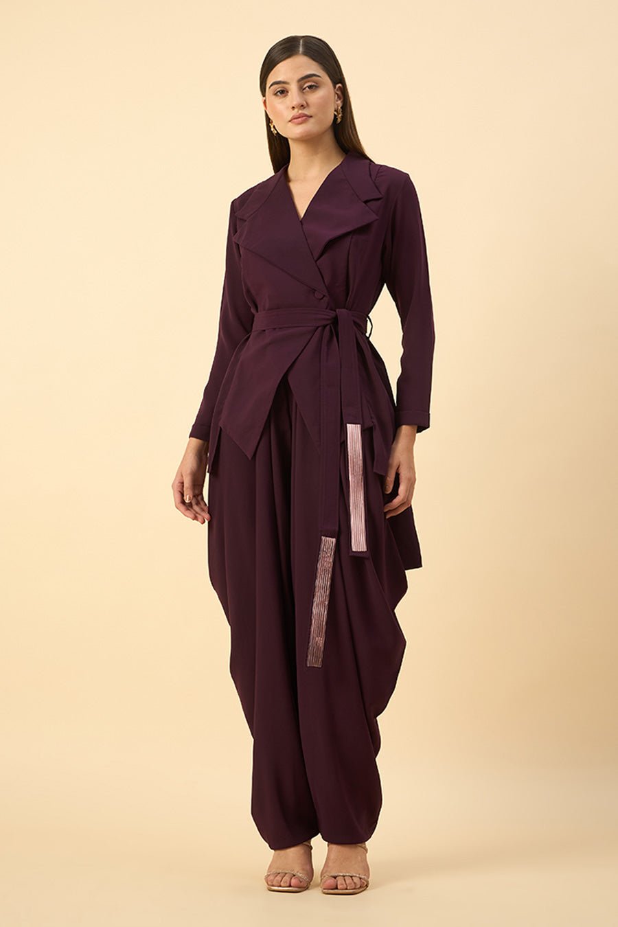 Sara Blazer Dhoti Set With Metallic Tie-Up Belt