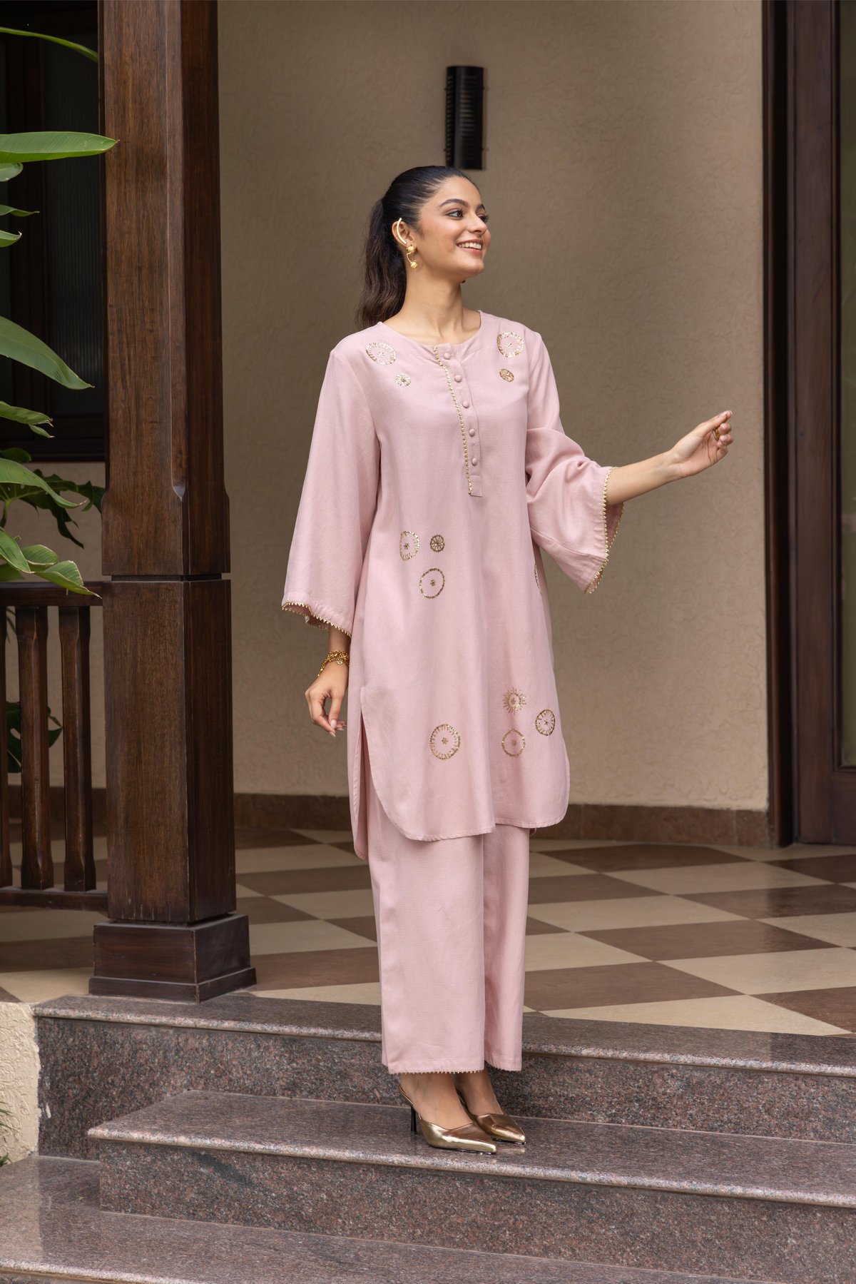 Dusk Pink Linen-Blend Straight Kurta and Pant Set