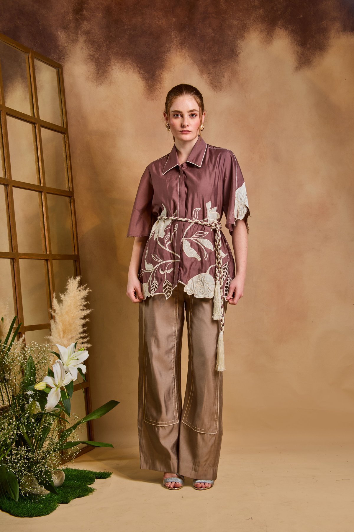 Brown/Copper Floral Applique Shirt and Trouser Co-ord Set
