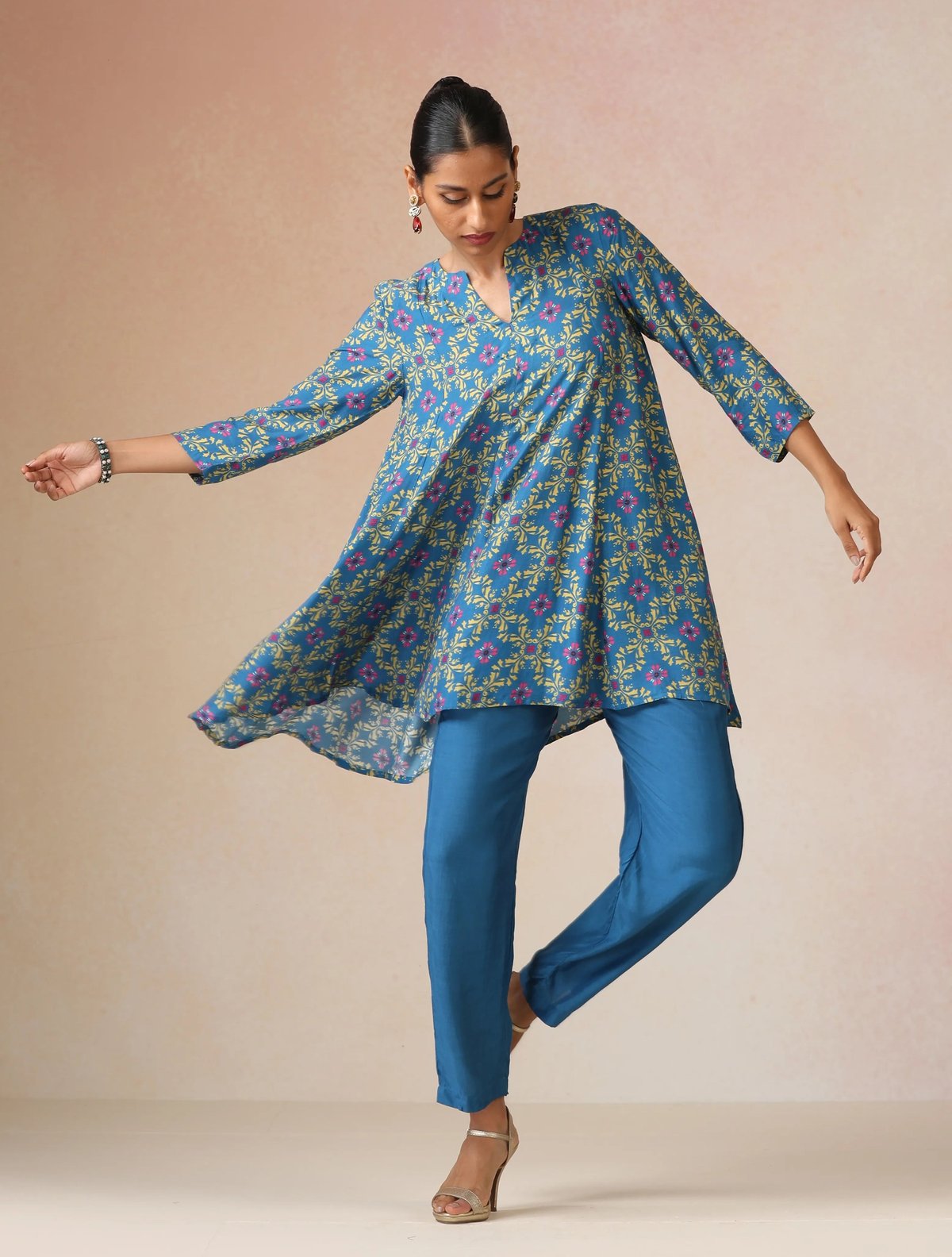Blue Lime Jaal Print Viscose Flared Co-ord Set