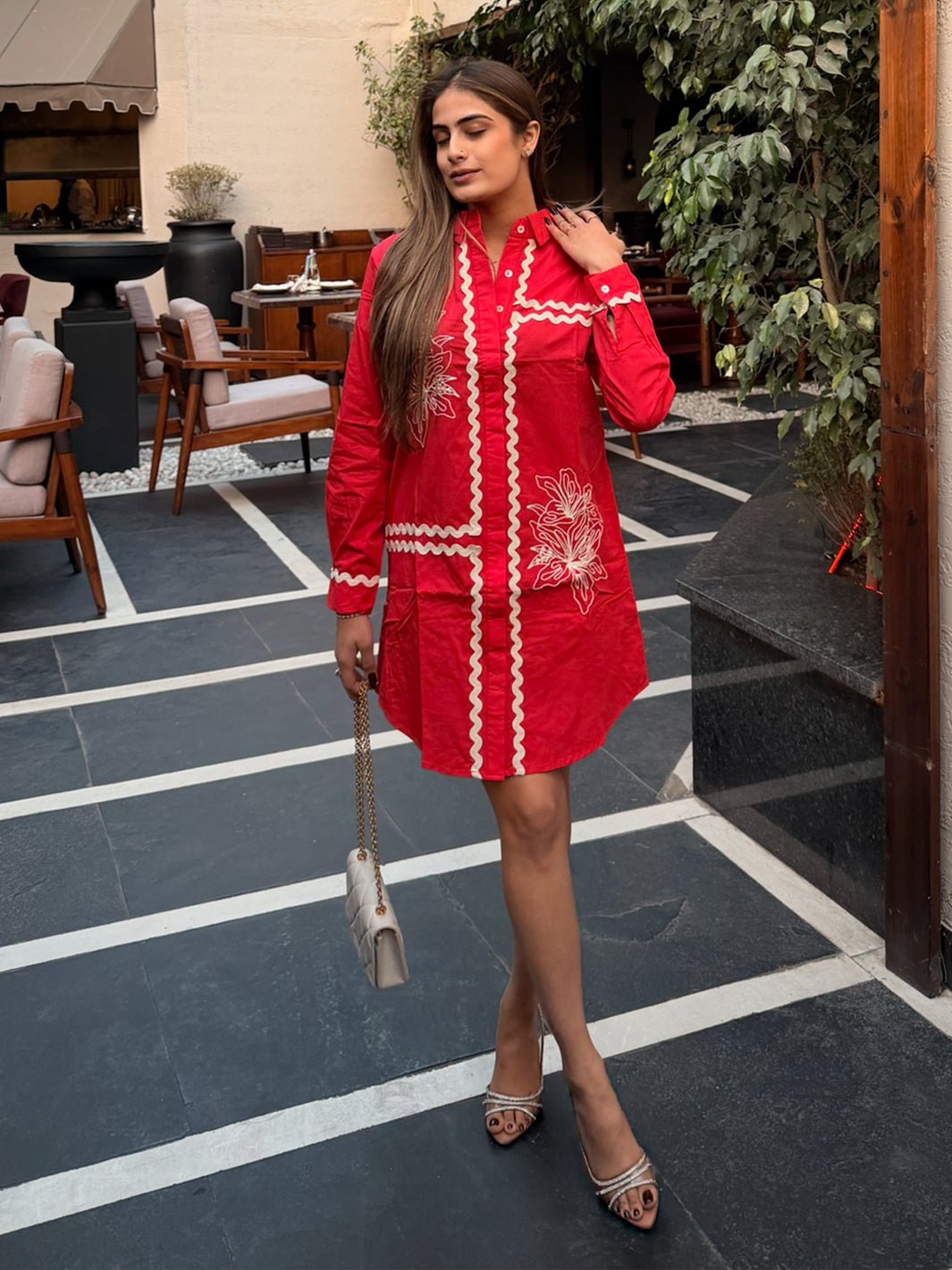 Red Poplin Mini Shirt Dress with Contrast Trim