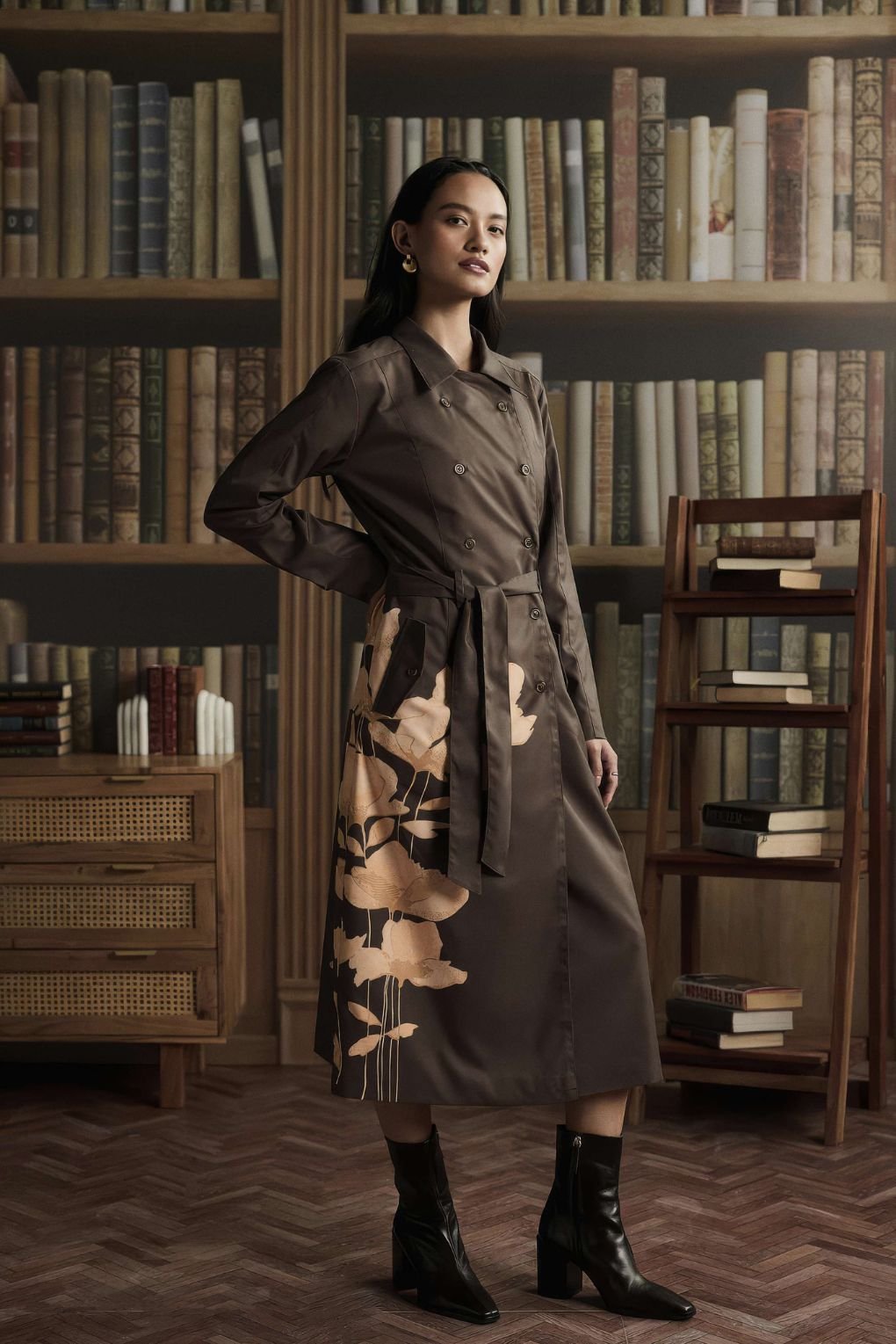 Olive Twill Trench-Style Midi Dress with Side Floral Print