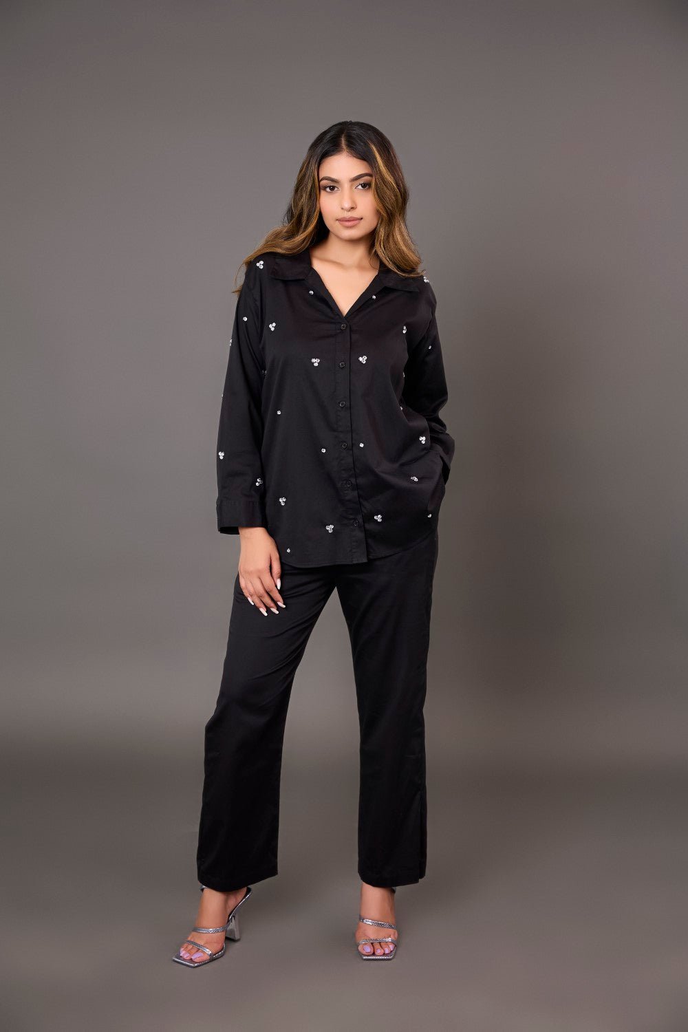 Black Satin Rhinestone Shirt and Pants Co-ord Set