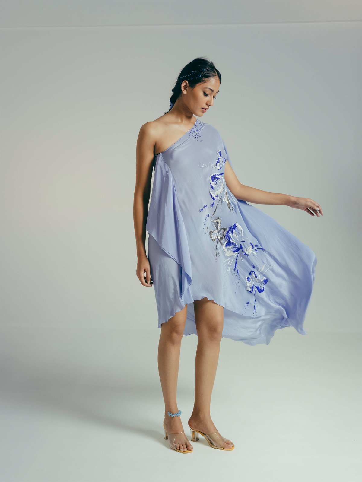 Blue One-Shoulder Kaftan Dress with 3D Floral Embroidery