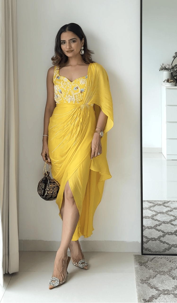 Yellow Embroidered Drape Saree Gown
