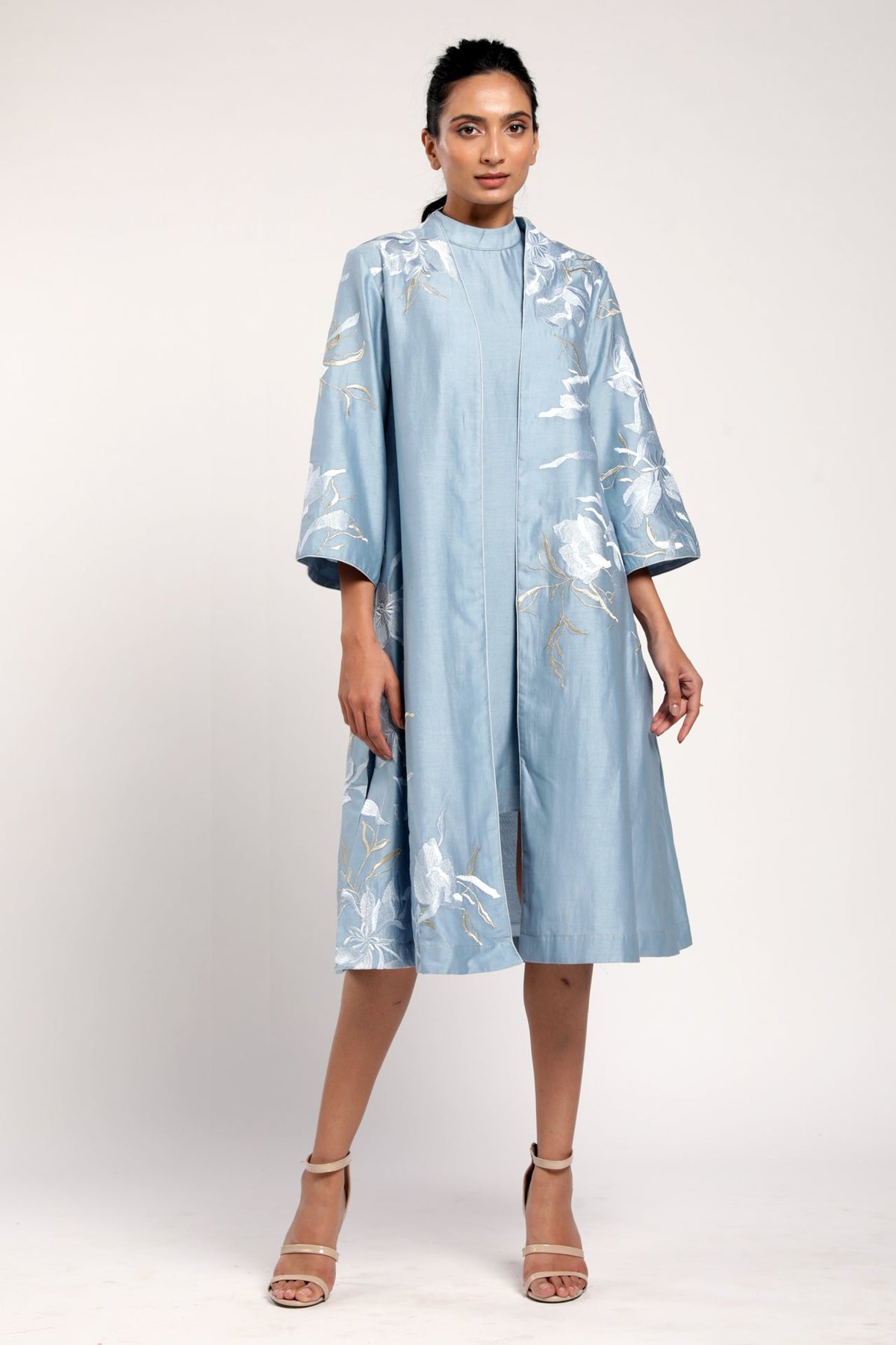 Sky Blue Longline Embroidered Open-Front Jacket