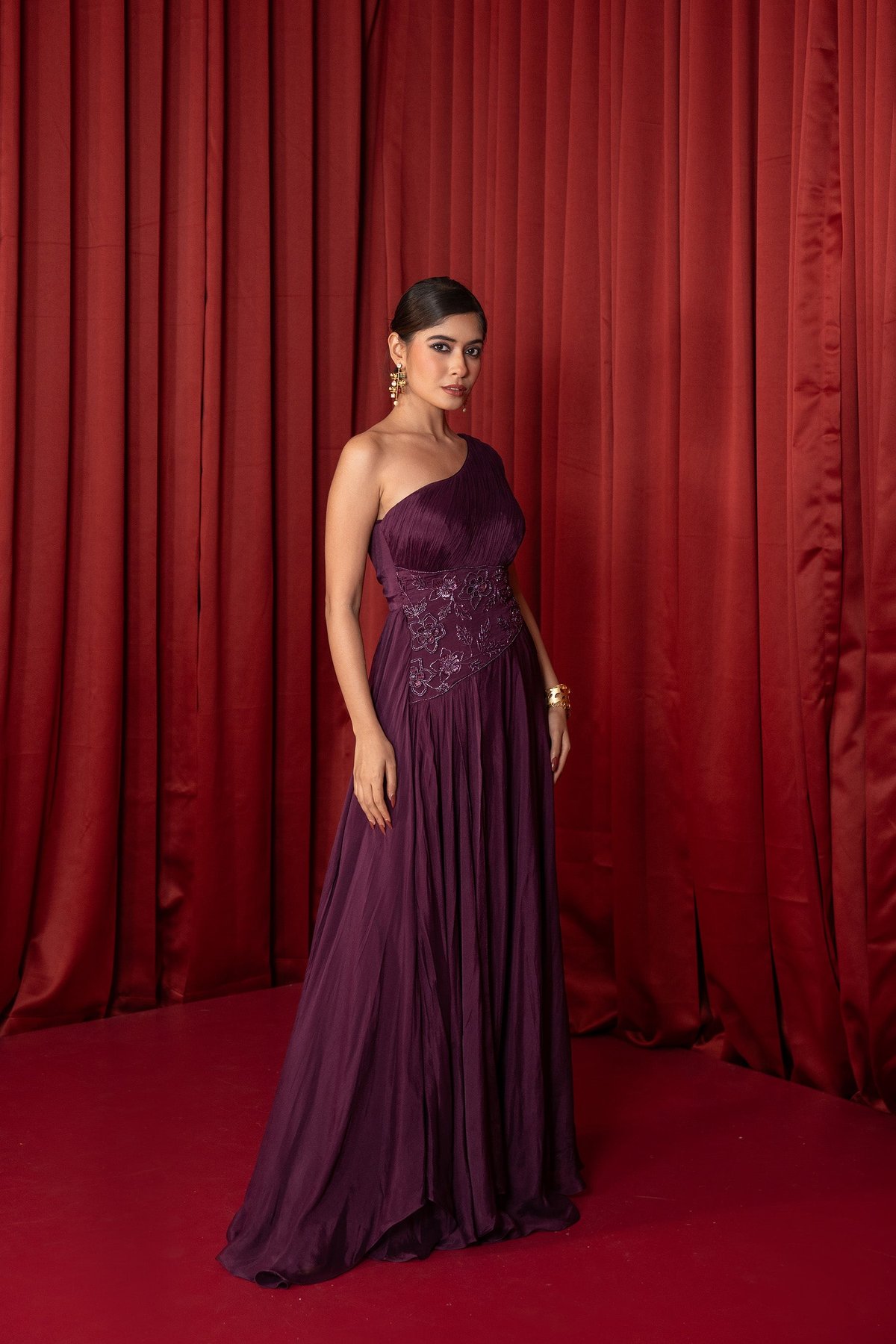Wine One-Shoulder Chiffon Maxi Gown