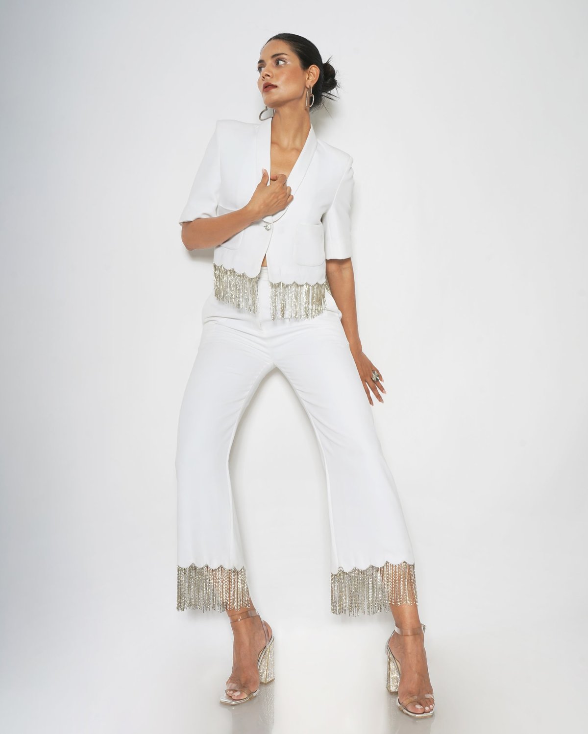 White Cropped Blazer with Rhinestone Chain Fringe