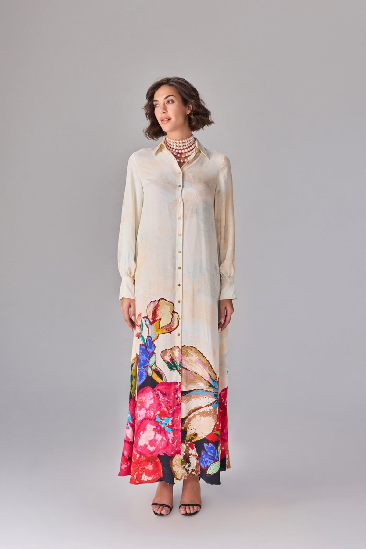 Multi Crepe Floral Placement Print Maxi Shirt Dress