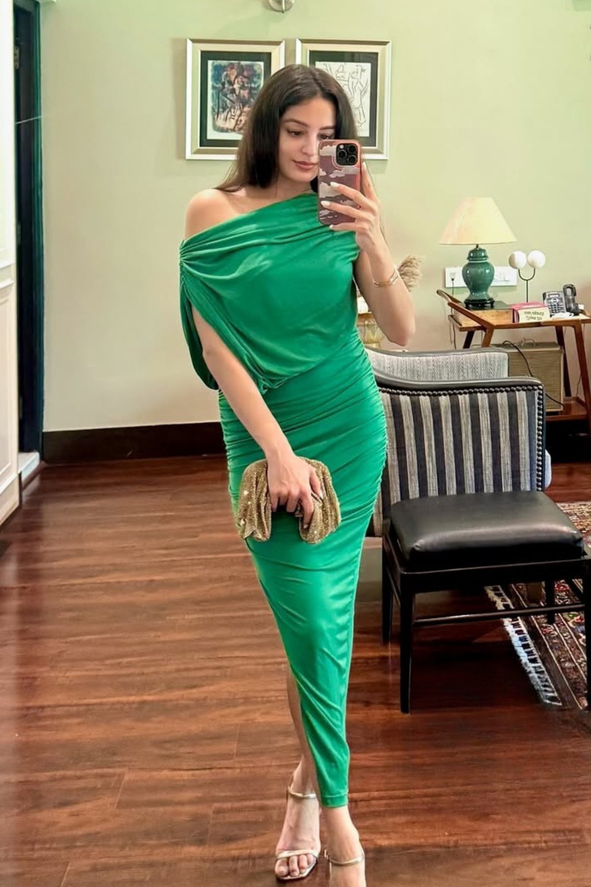 Green One-Shoulder Ruched Maxi Dress with High Side Slit