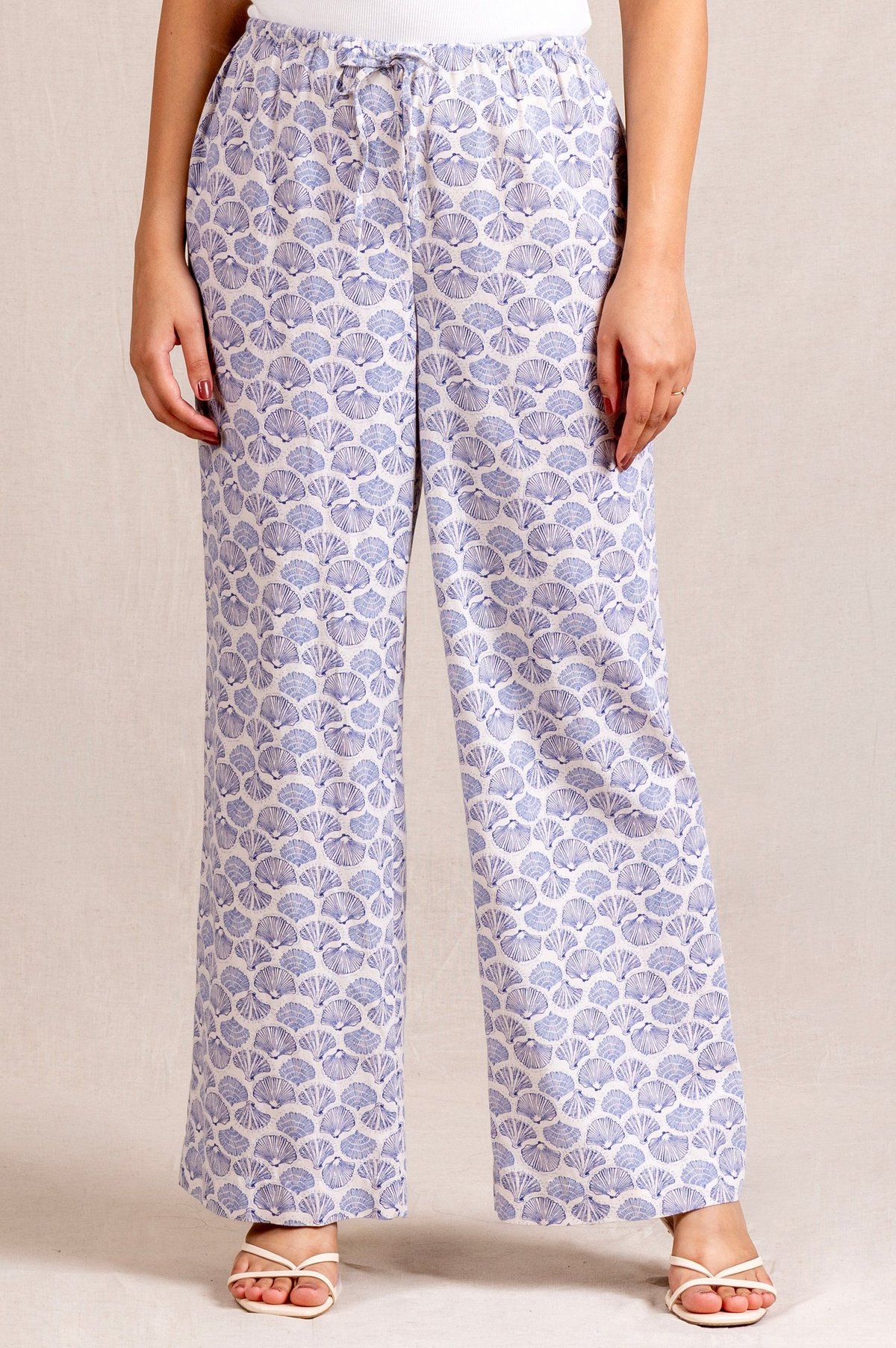 Blue Shell-print Wide-leg Trousers