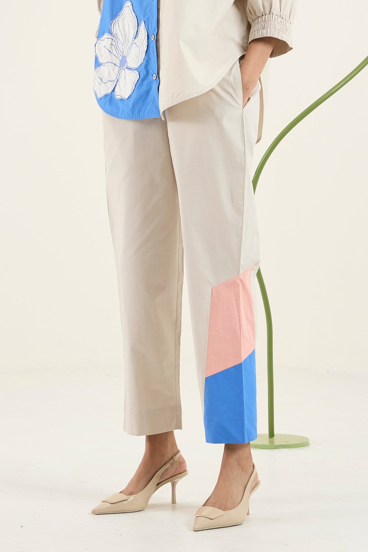 Summer Sand Cotton Poplin Colorblock Cigarette Pants