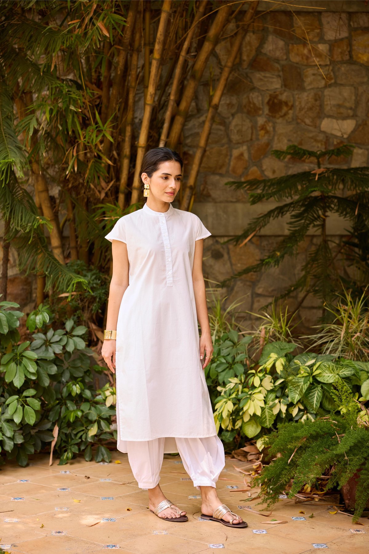 White Cotton Kurta and Salwar Set with Band Collar