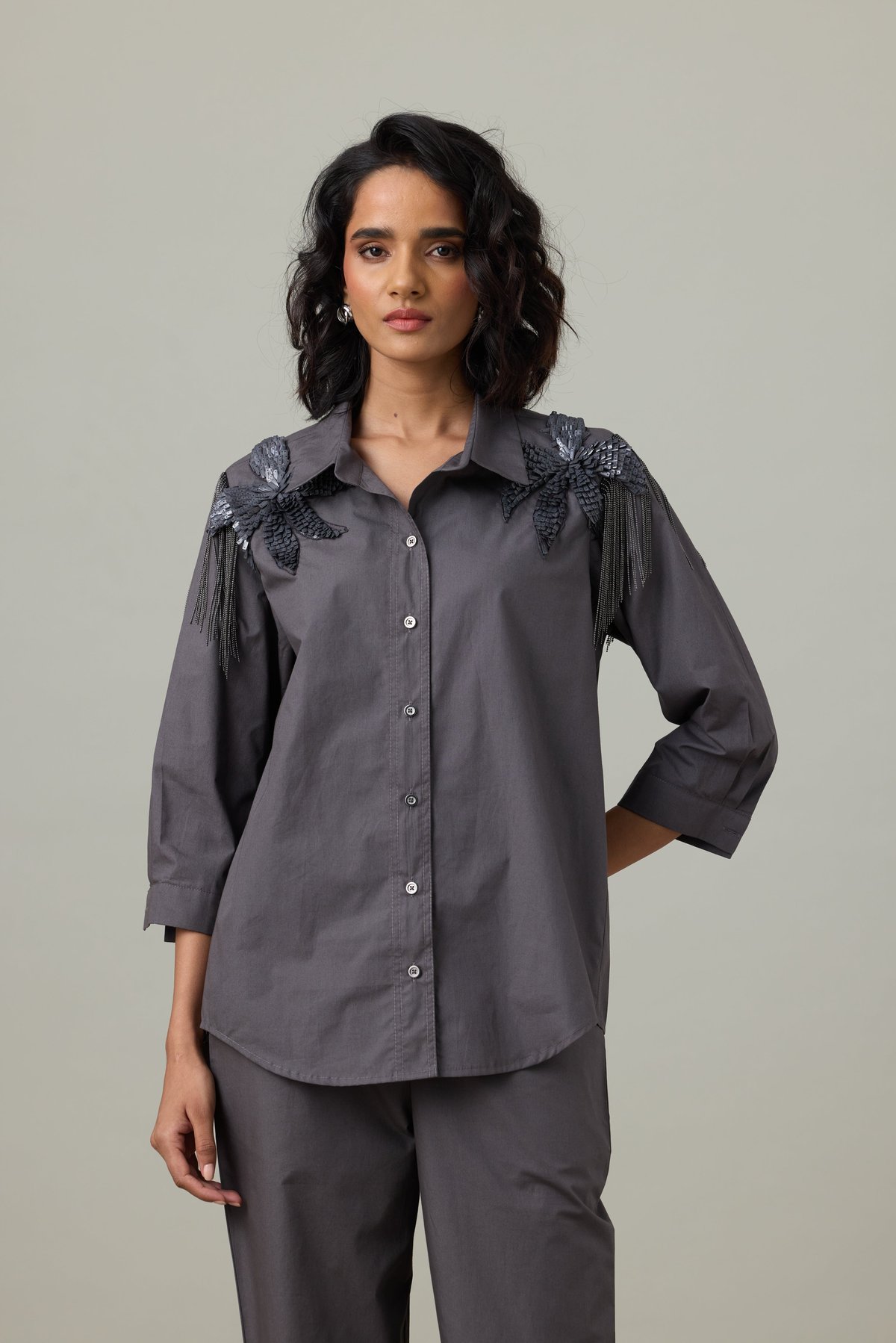 Granite Gray Appliqué Shoulder Shirt with Chain Fringe