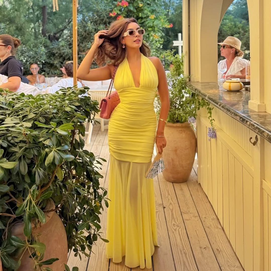 Yellow Halter Neck Ruched Bodycon Maxi Dress