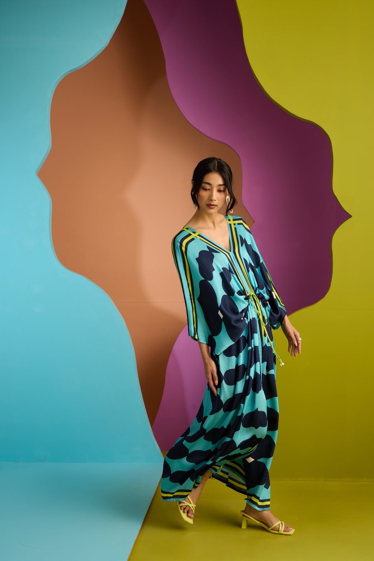 Blue Abstract Print V-Neck Kaftan with Drawstring Waist