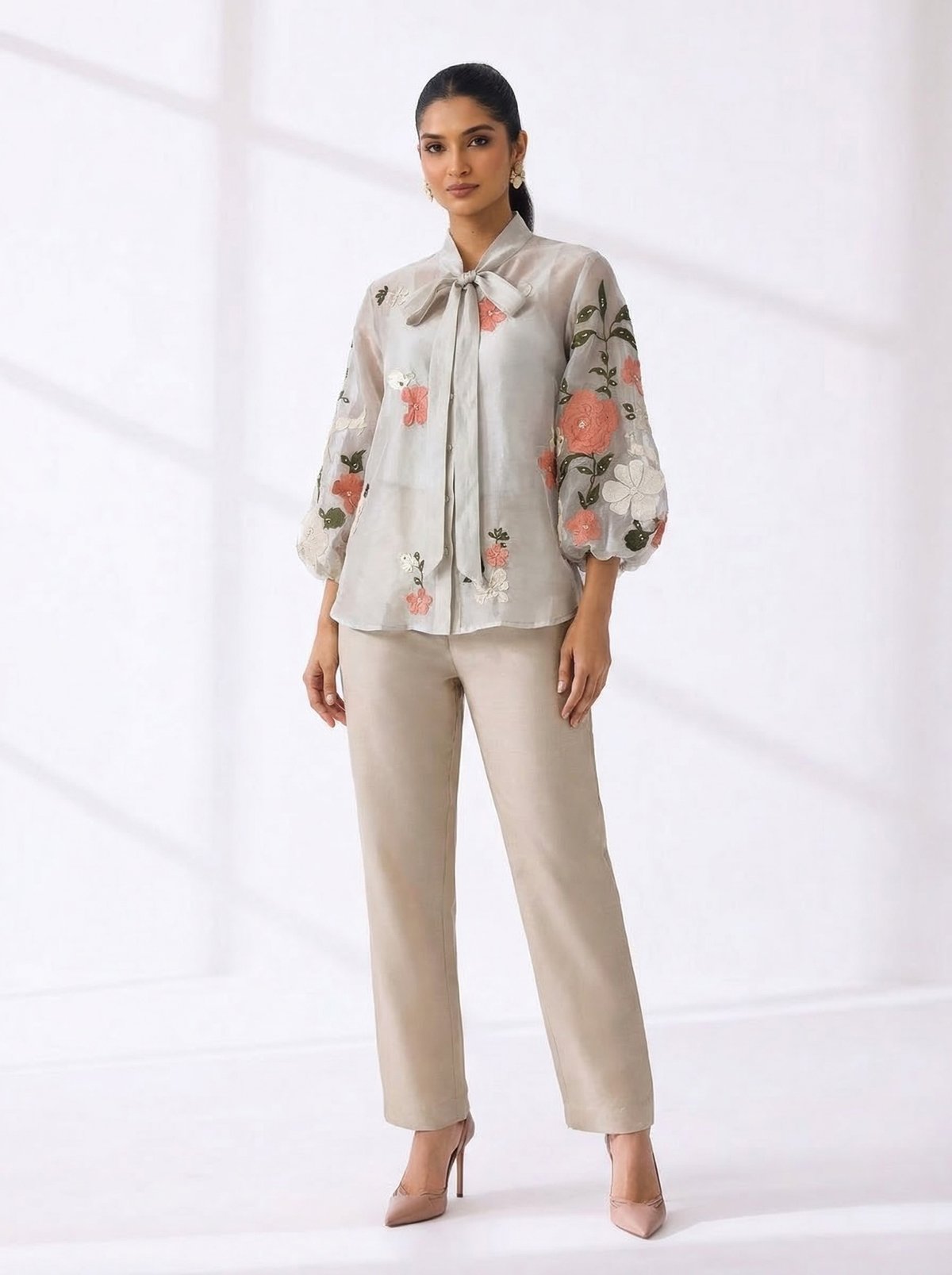 Beige Floral Embroidered Shirt and Pant Co-ord Set