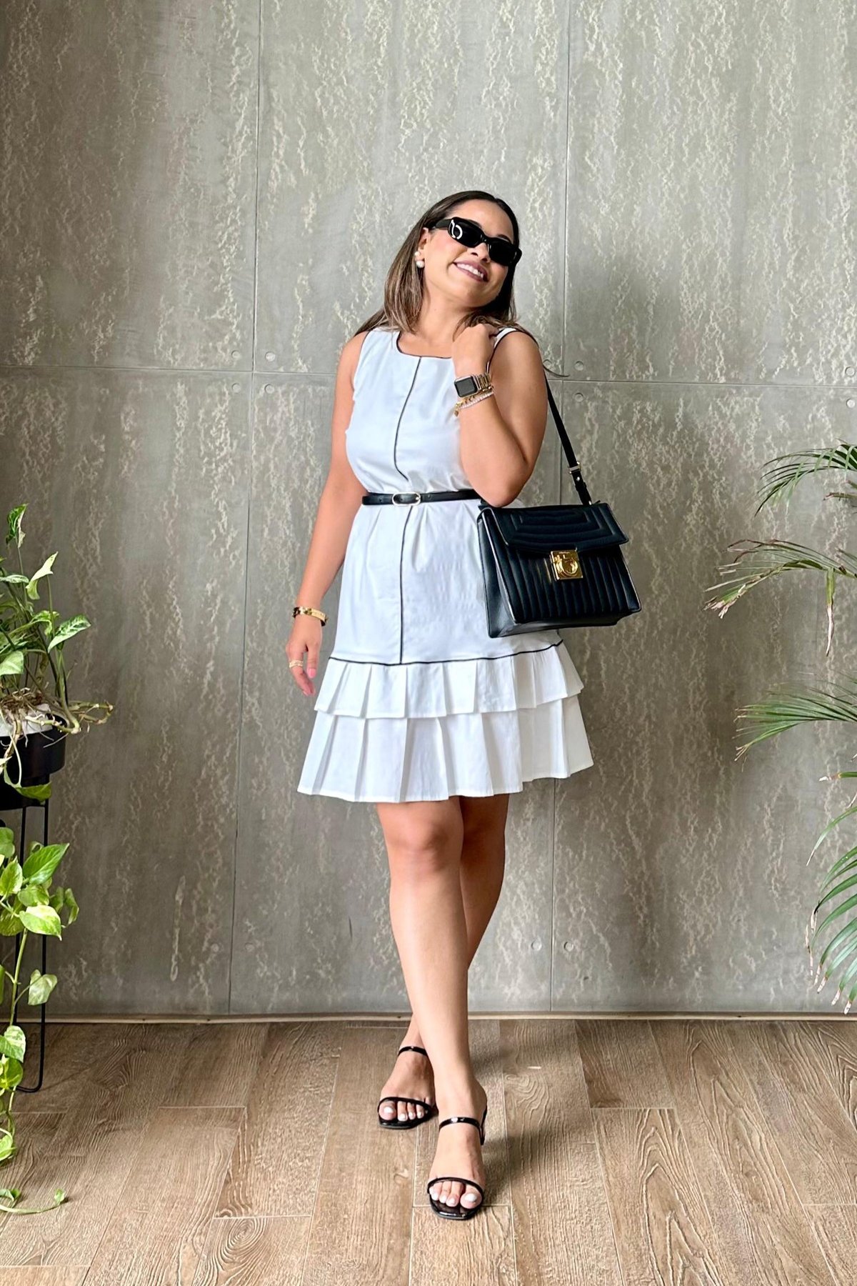 White Cotton Mini Dress with Contrast Piping and Tiered Hem