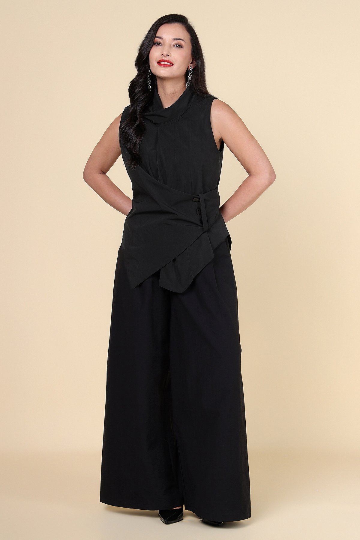 Black High Neck Sleeveless Wrap Top with Tie Waist