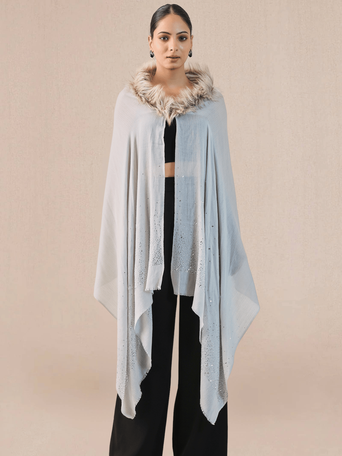 Light Grey Wool Cape with Faux Fur Collar